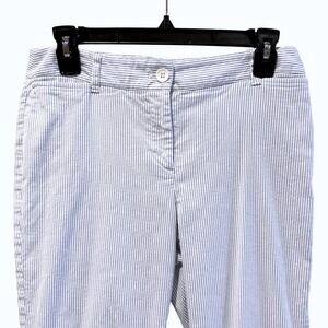 Talbots Perfect Crop Pants Womens 4P Blue White Striped Button Hem Capri
